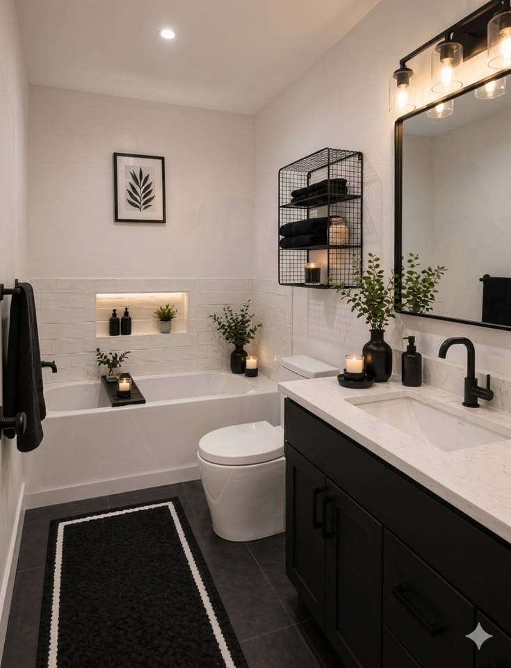  Black & White Modern Farmhouse Bathroom Ideas for a Moody, Cozy Remodel