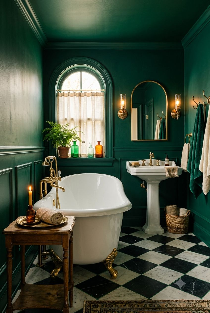 Vintage & Color-Drenched Bathroom Ideas: How to Style a Bold Emerald Green Bathroom
