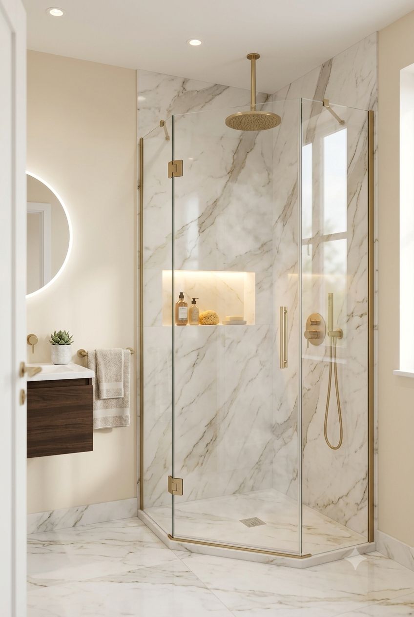 Small Bathroom Corner Shower Ideas: Luxury Marble & Gold Frameless Designs