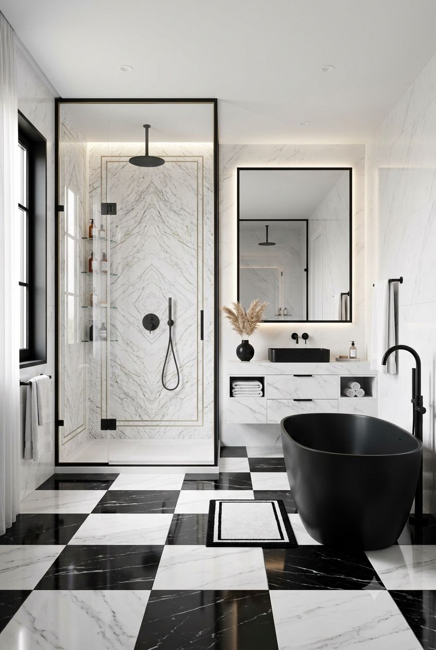 Black & White Bathroom Decor & Design Ideas: Modern Checkerboard Style
