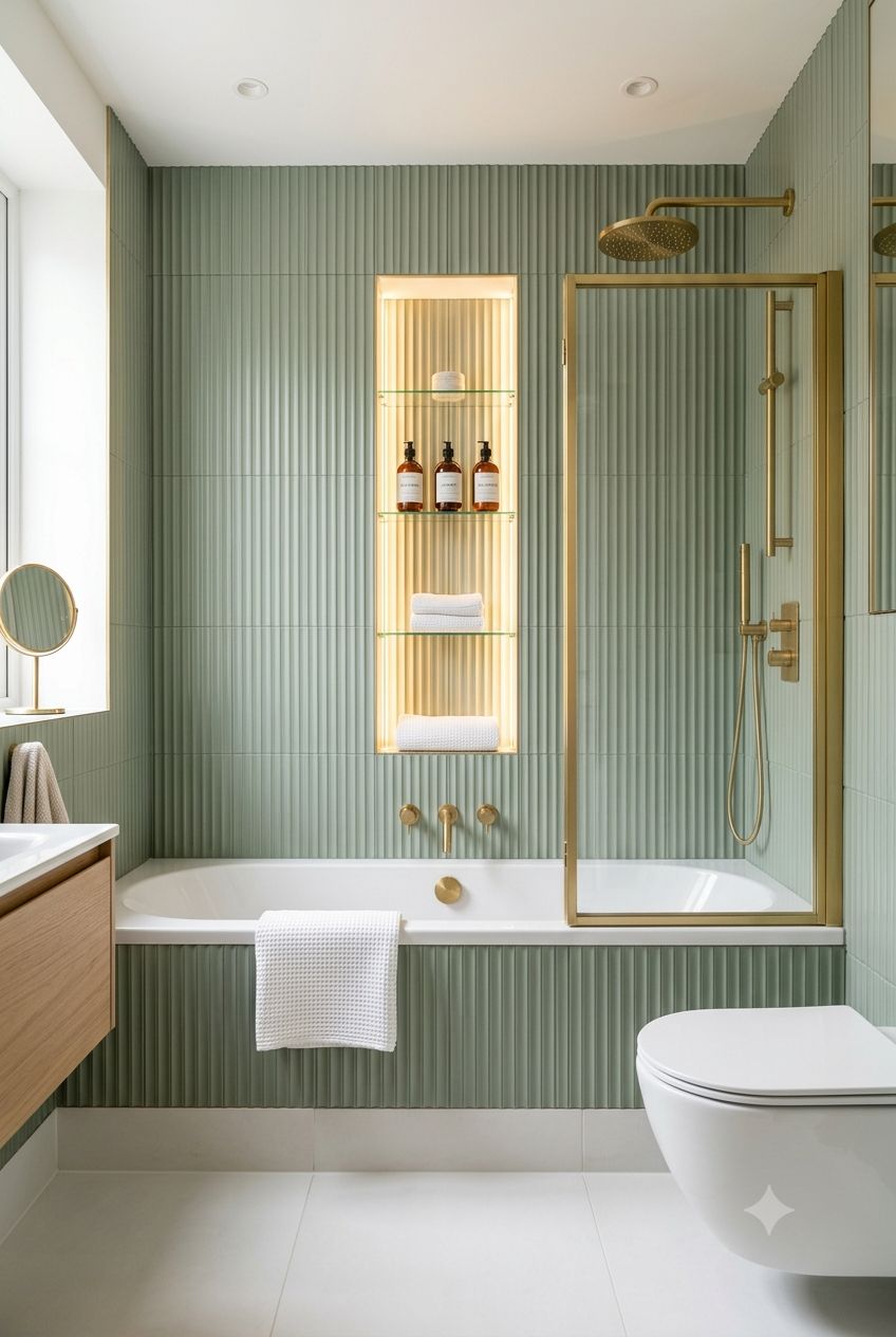 Small Bathroom Tub & Shower Combo Ideas: Luxury Gold & Fluted Tile Design