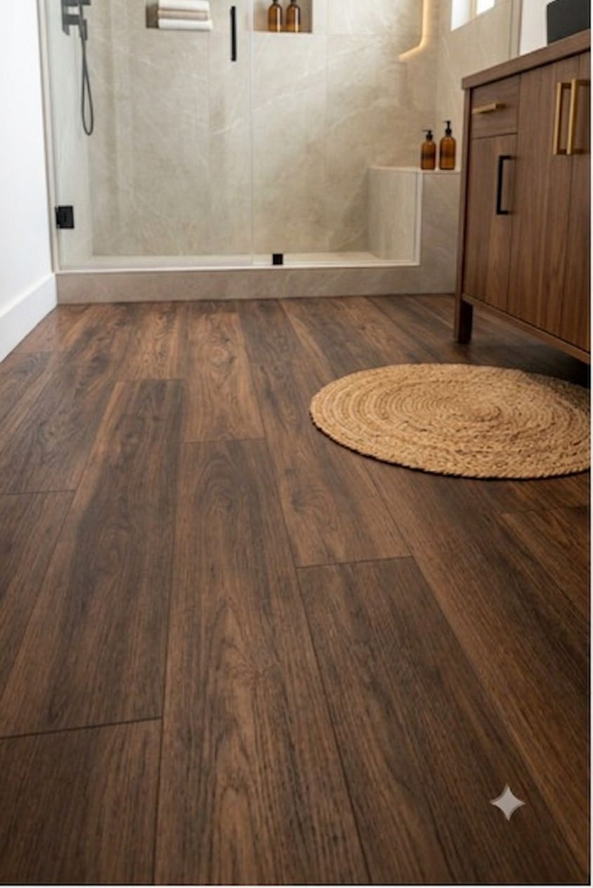 Dark Walnut Luxury Vinyl Plank Flooring:Transform Any Bathroom with This Luxury Wood-Look Trend