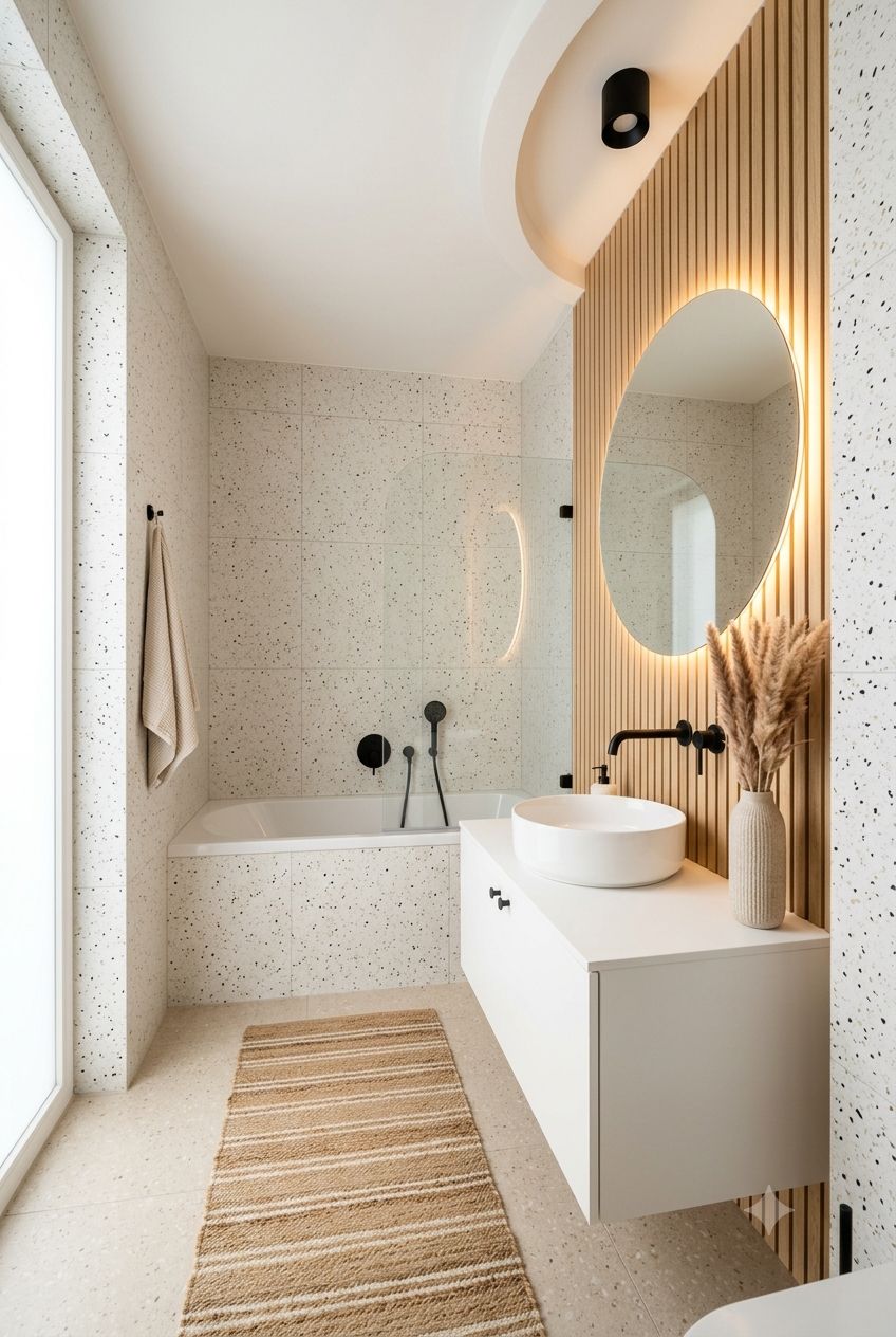 Terrazzo Tile & Wood Slat Bathroom: A Best Bathroom Decor Idea with Backlit Round Mirror