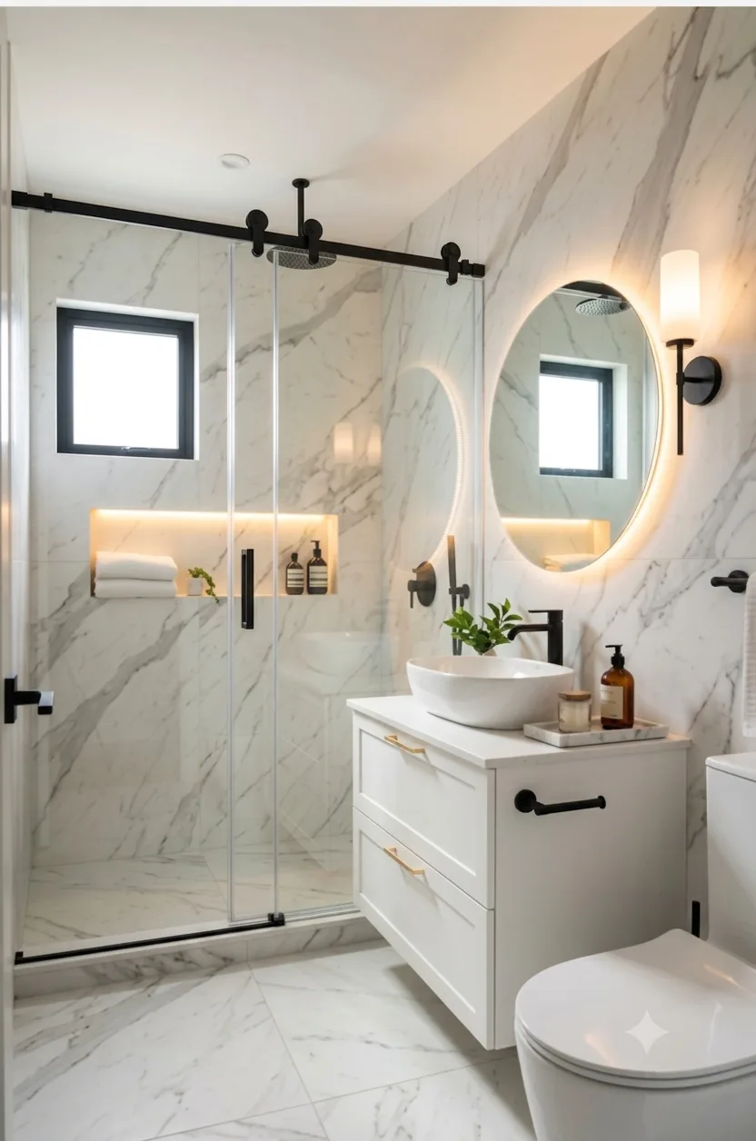 Black-Framed Marble Corner Shower: A Small Bathroom Corner Shower Idea