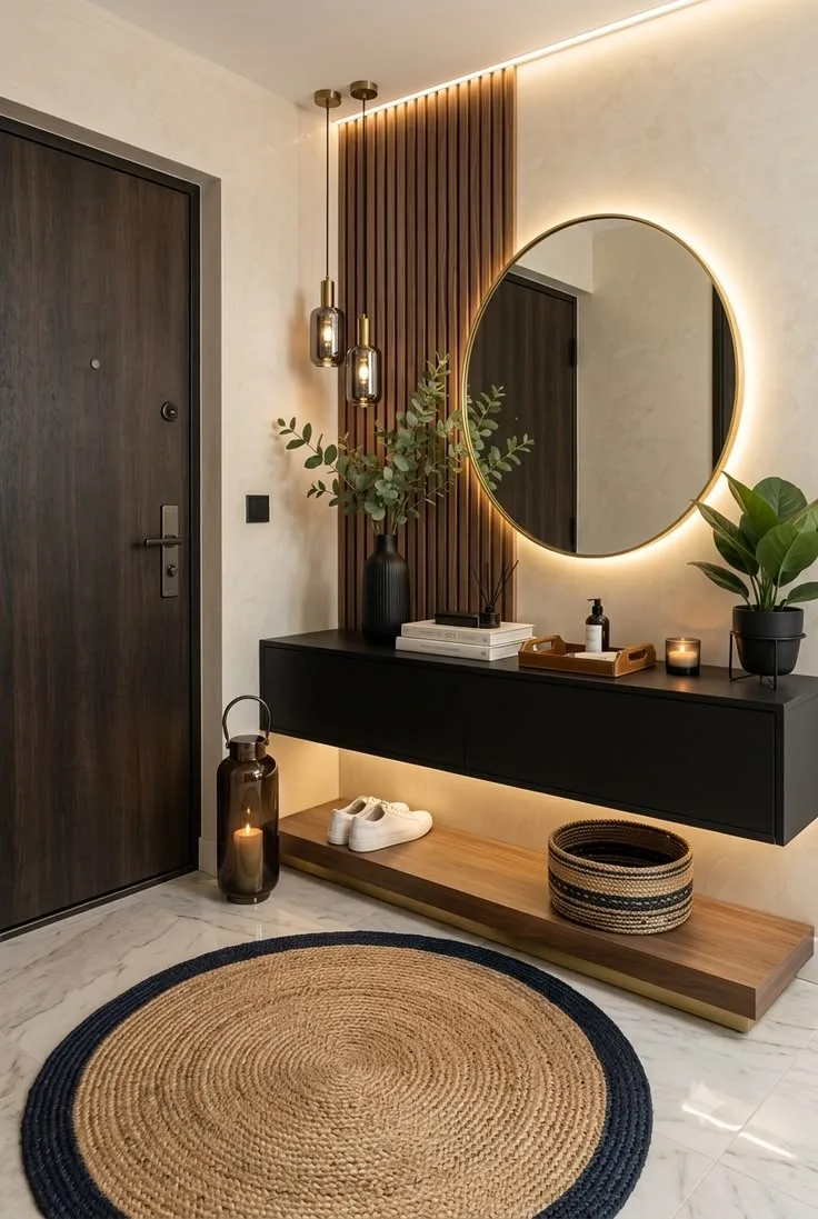 Black and Gold Luxury Bathroom Ideas With a Backlit Round Mirror