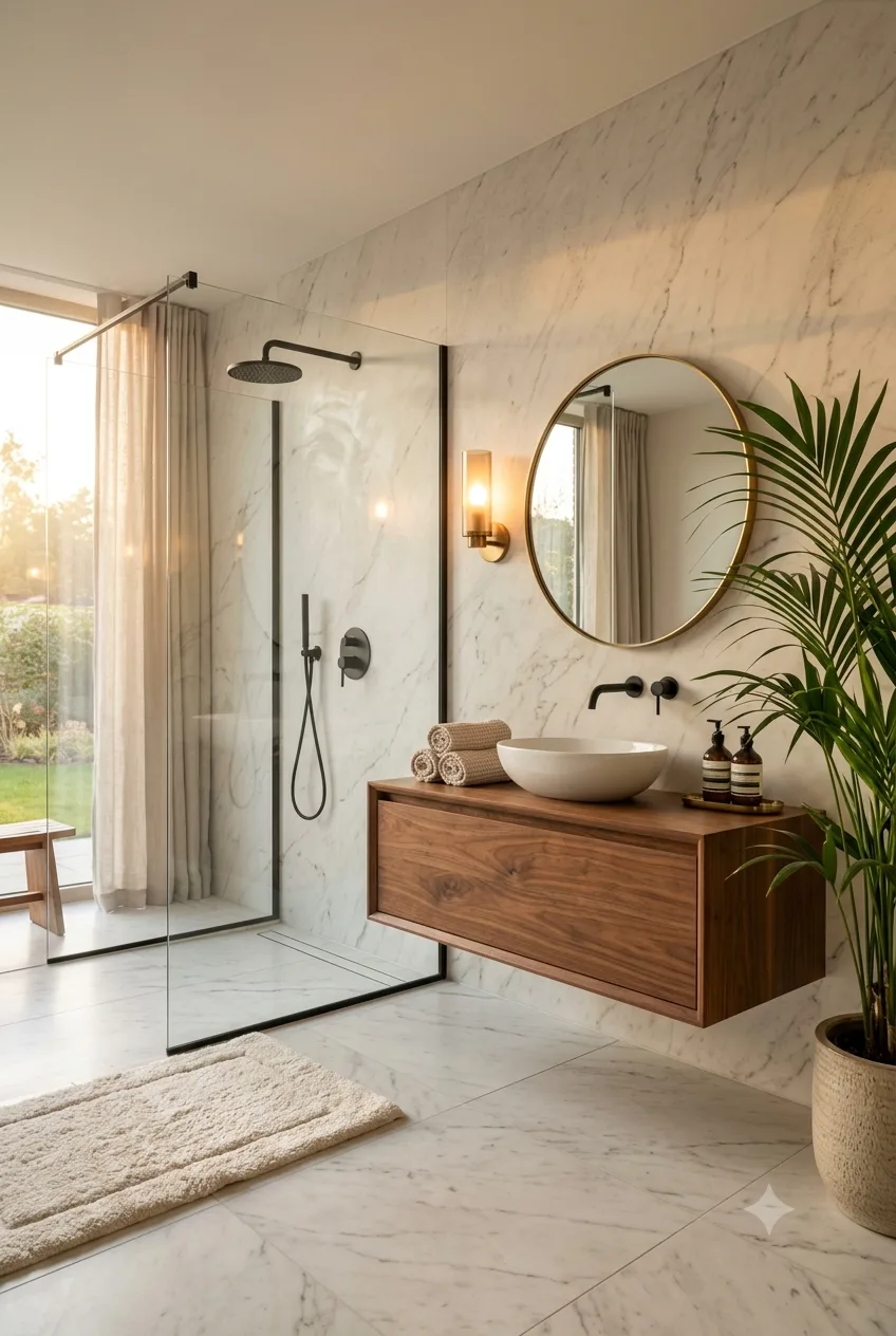 Modern Minimal Bathroom Ideas: Spa-Like Marble & Walnut Vanity Design