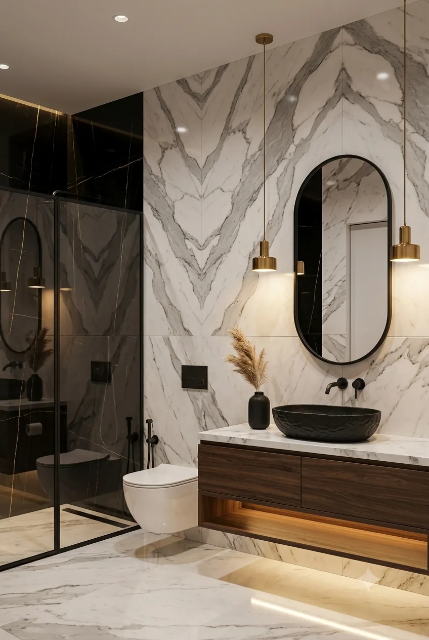 Black & Gold Luxury Bathroom Ideas: Marble Vanity & Oval Mirror Design