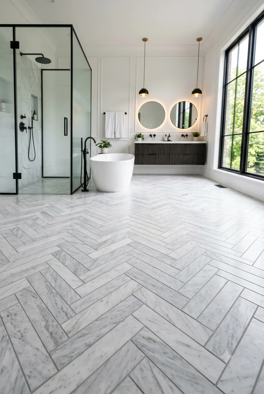 Inspiring Bathroom Flooring Ideas: Herringbone Marble Tile Designs for a Modern Spa Look
