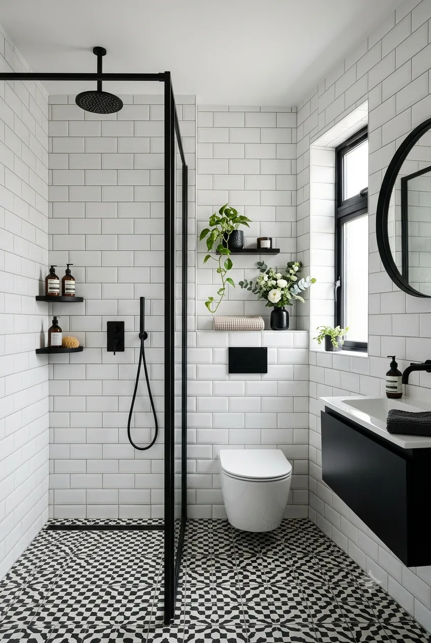 Small Bathroom Corner Shower Ideas: Luxury Black & White Walk-In Design