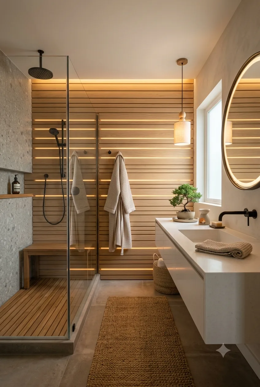 Modern Minimal Bathroom Ideas for a Spa-Like Feel: Wood Slat Walls & Backlit Design