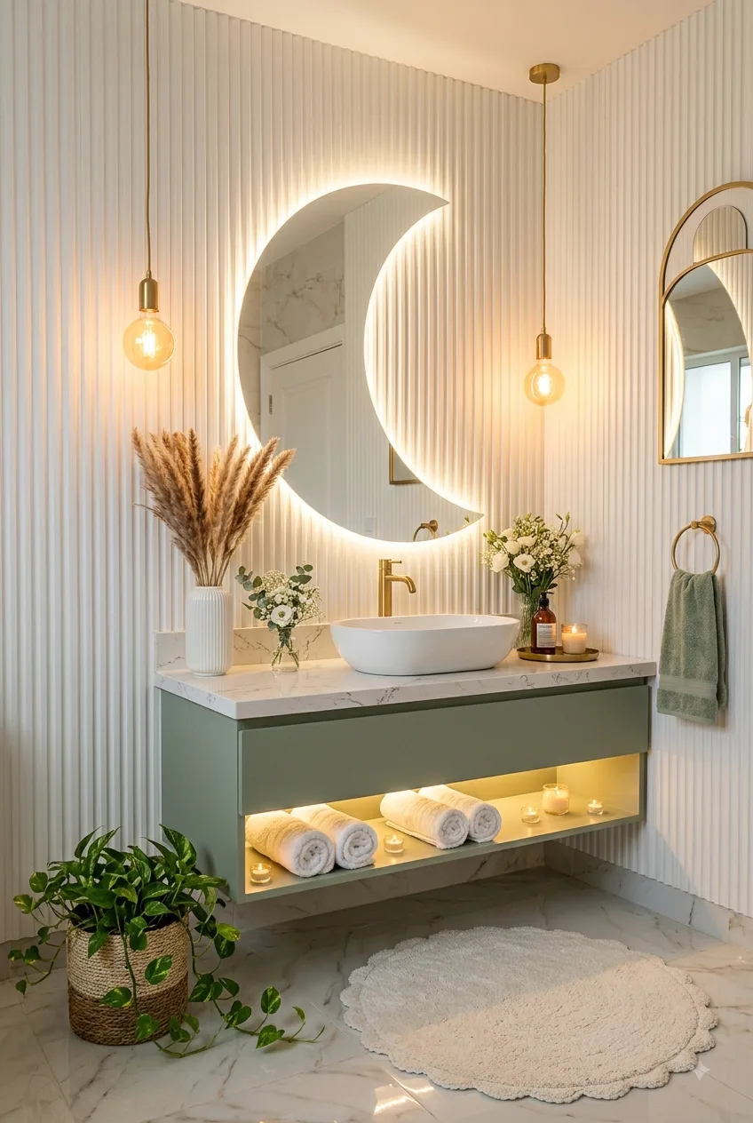 Best Bathroom Decor Ideas for Small Spaces: Crescent Mirror & Sage Green Vanity Look