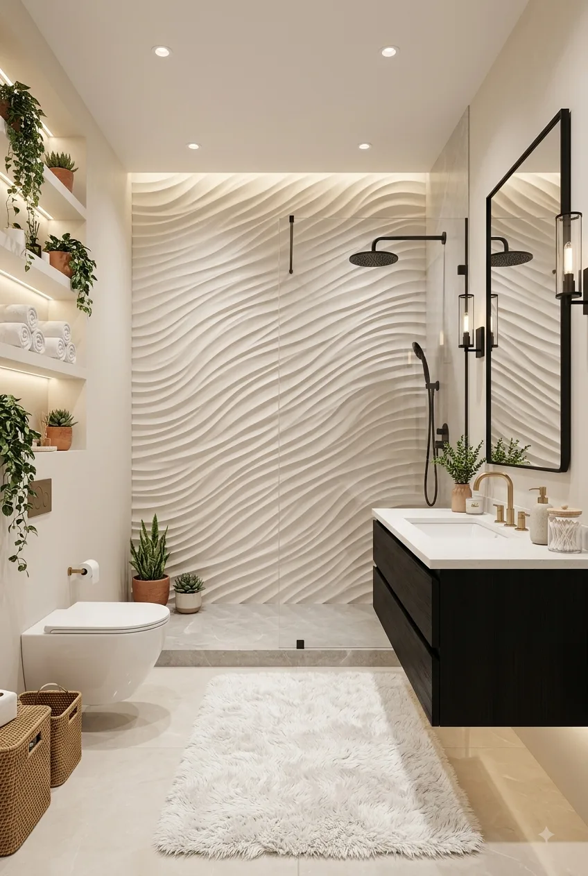 Modern Bathroom Decor Ideas: 3D Wavy Accent Wall for a Sculptural, Luxury Look