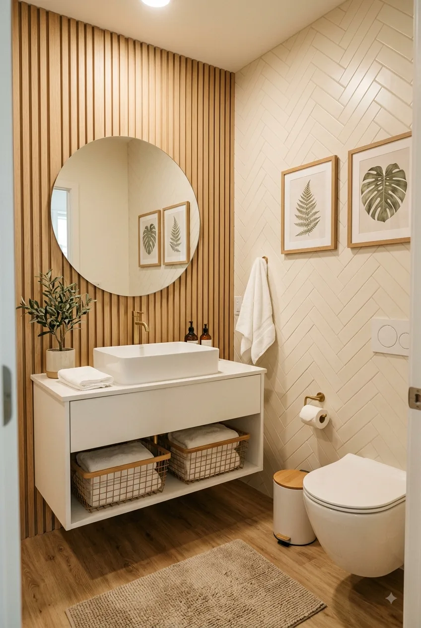 Small Apartment Bathroom Ideas for Renters: Wood Slat Wall & Round Mirror Look