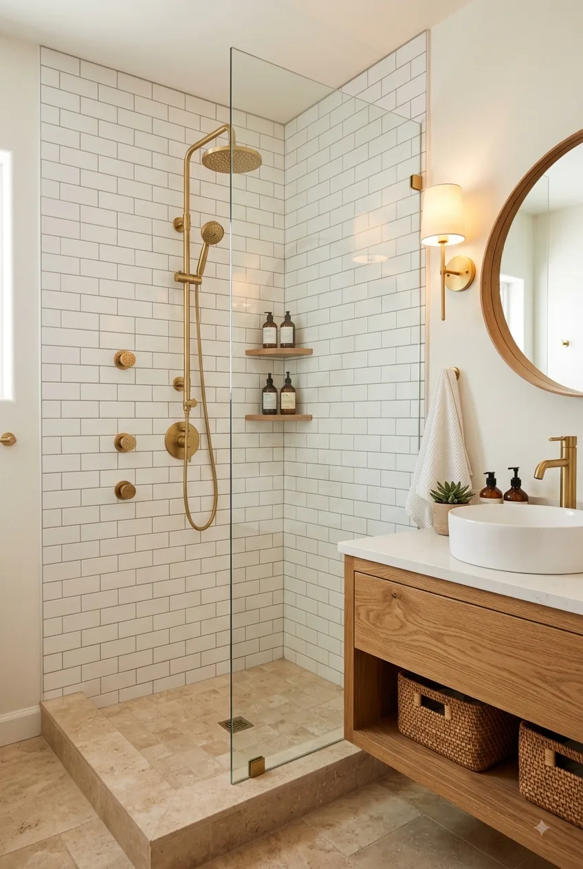 Small Apartment Bathroom Ideas for Renters: Corner Shower with Subway Tile & Gold Accents