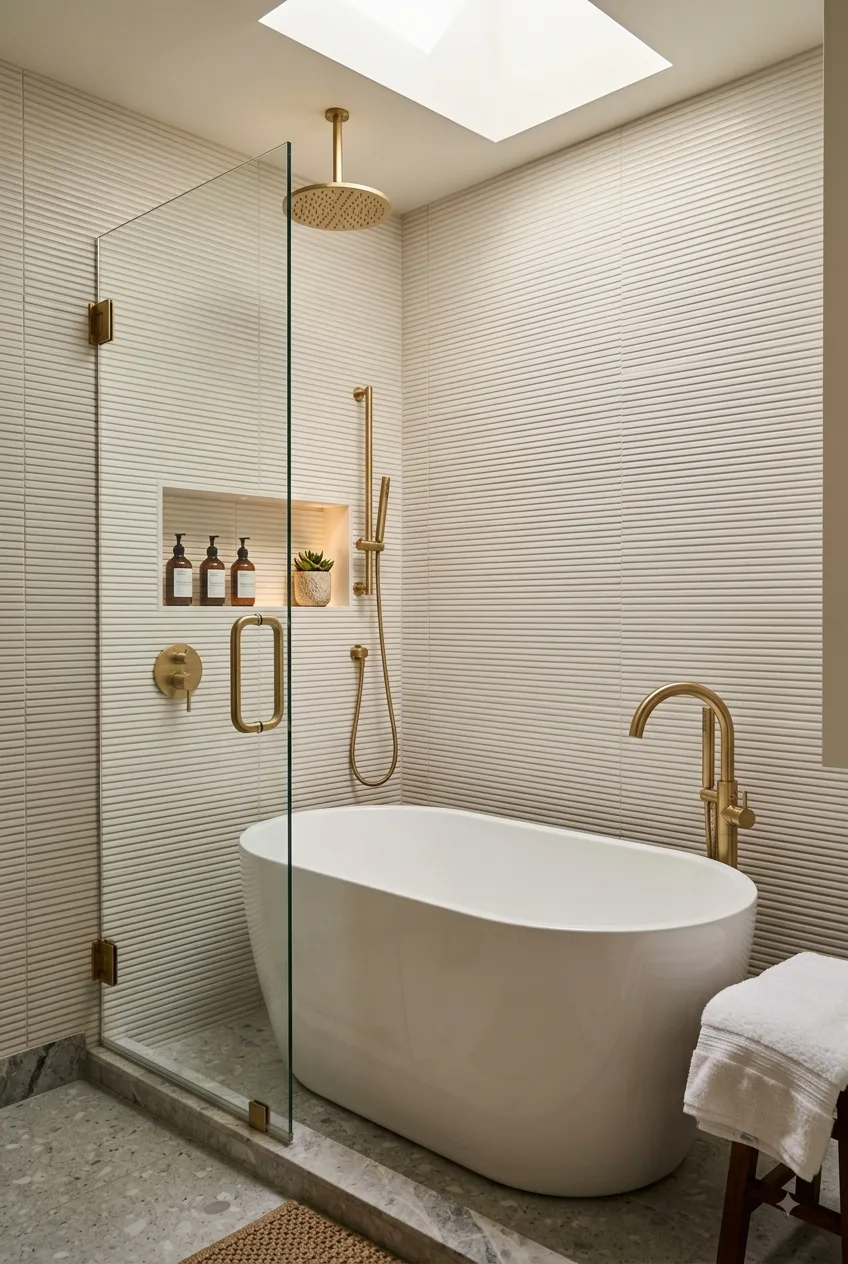 Small Bathroom Bathtub & Shower Ideas: Skylight Tub with Warm Gold Fixtures