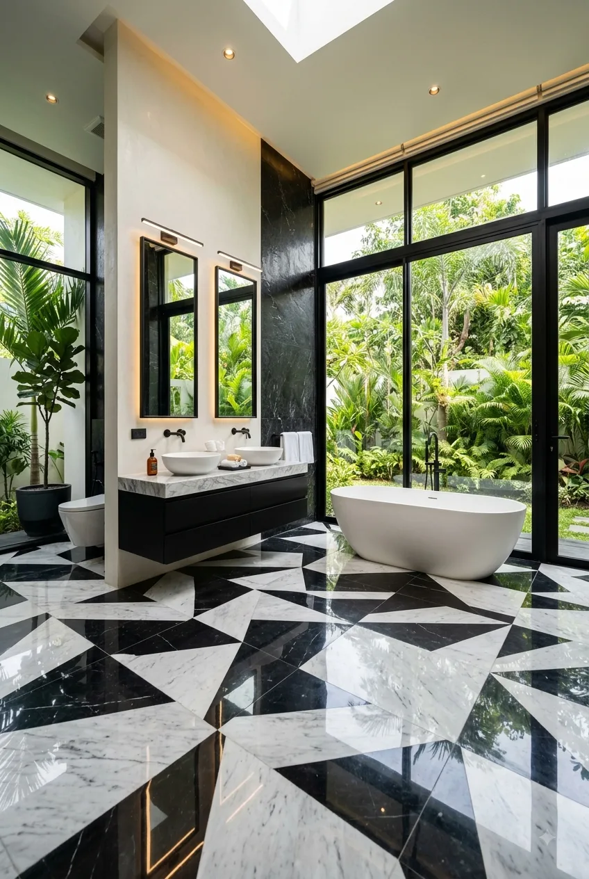 Bathroom Flooring Ideas: Bold Geometric Black & White Marble for a Luxury Look