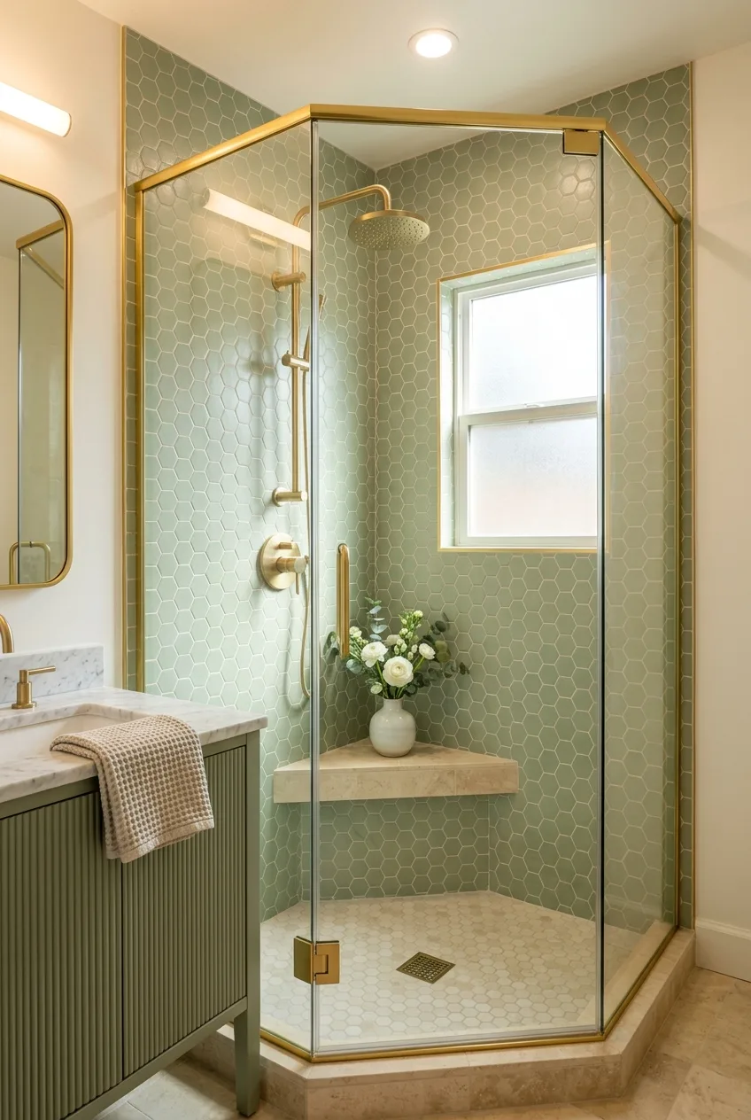 Small Bathroom Corner Shower Ideas: Sage Green Tile & Gold-Framed Glass