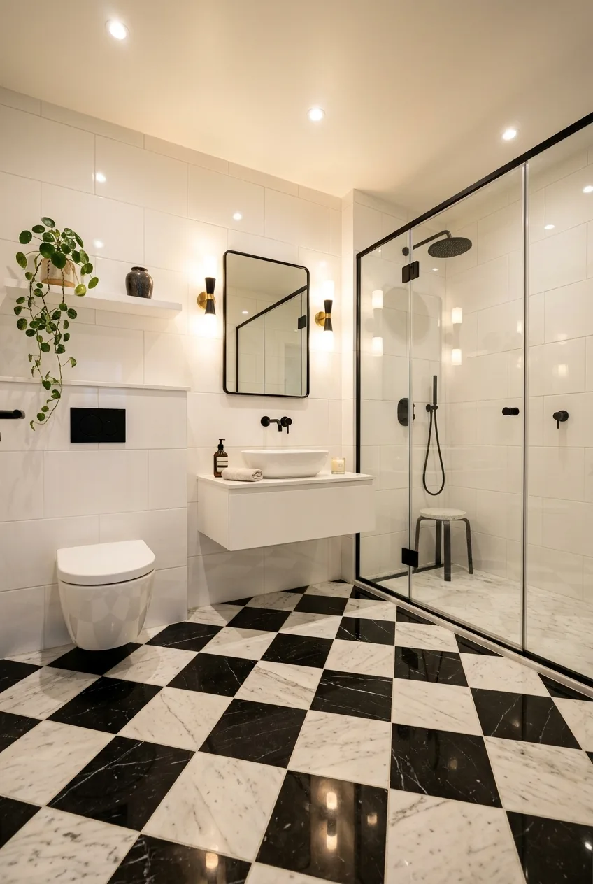 Bathroom Flooring Ideas: Classic Black & White Checkerboard Marble Floor