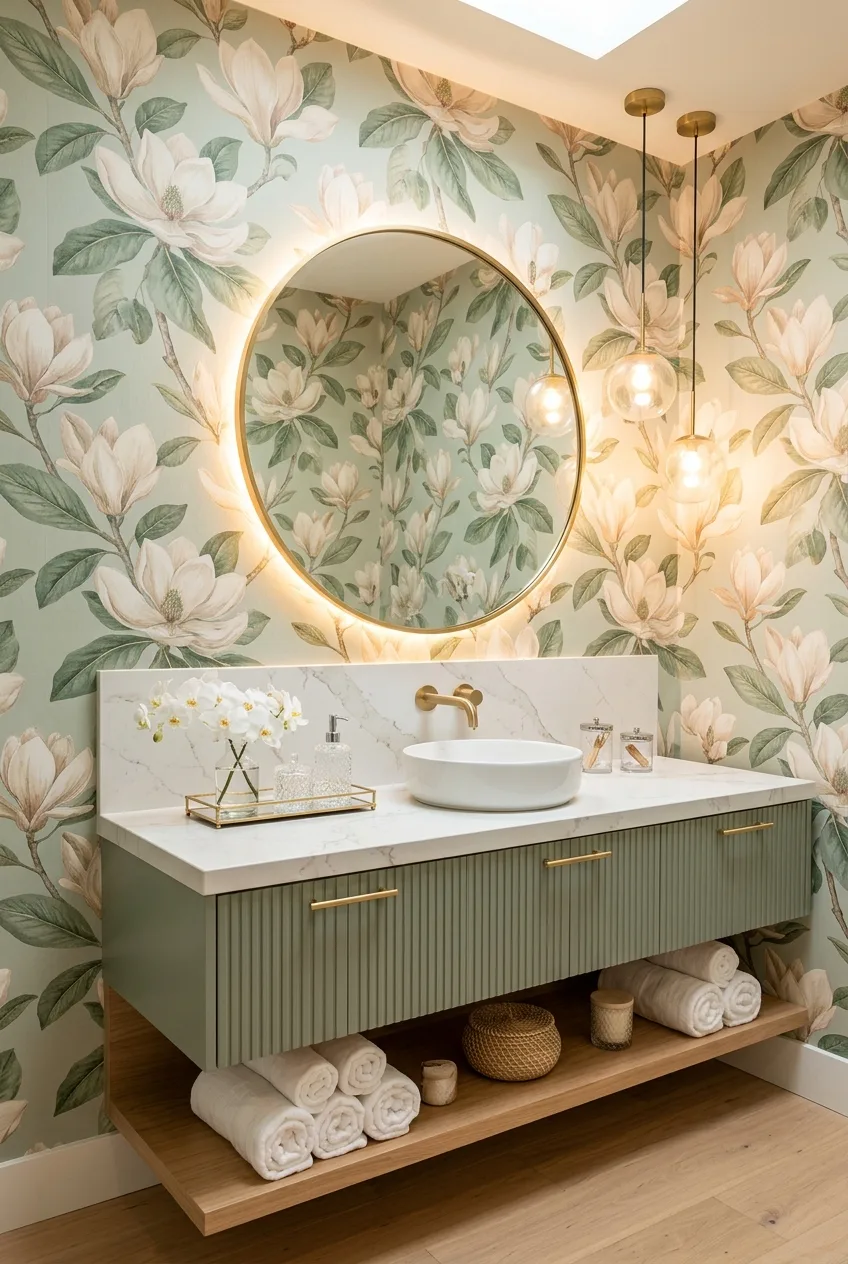 Sage Green Bathroom Vanity Ideas: Botanical Wallpaper & Gold Mirror Decor for a Luxury Powder Room