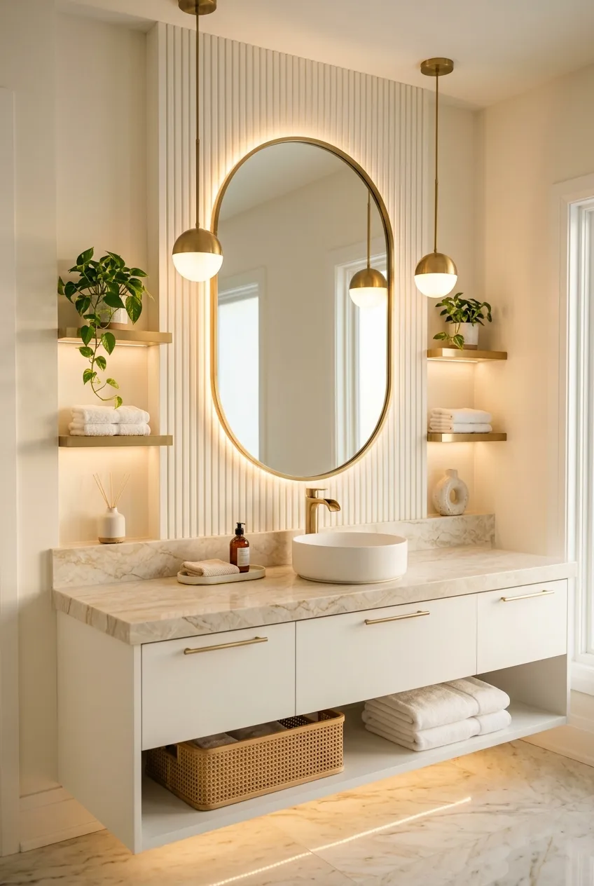 Modern Glam Bathroom Vanity Makeover: Oval Mirror, Gold Pendant Lights & Marble Counter Ideas