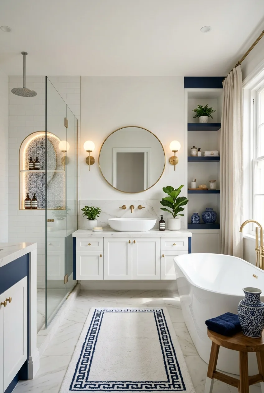 Navy Blue & White Bathroom Makeover: Modern Coastal Luxury Design Ideas