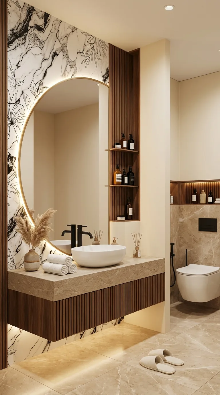 Modern Bathroom Decor DIY Ideas: Black & White Marble Wallpaper with Warm Wood Accents
