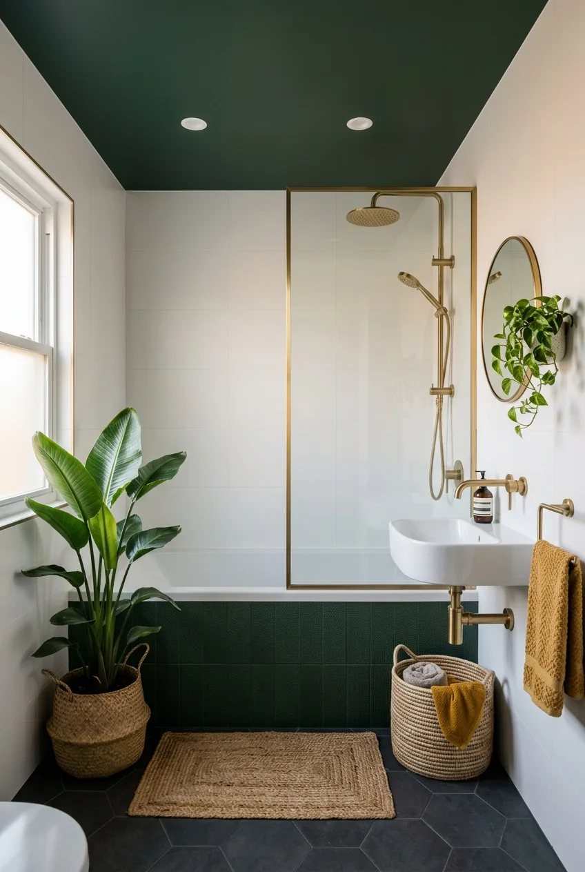 Bathtub & Shower Ideas: Modern Green and Gold Combo Design for Small Bathrooms