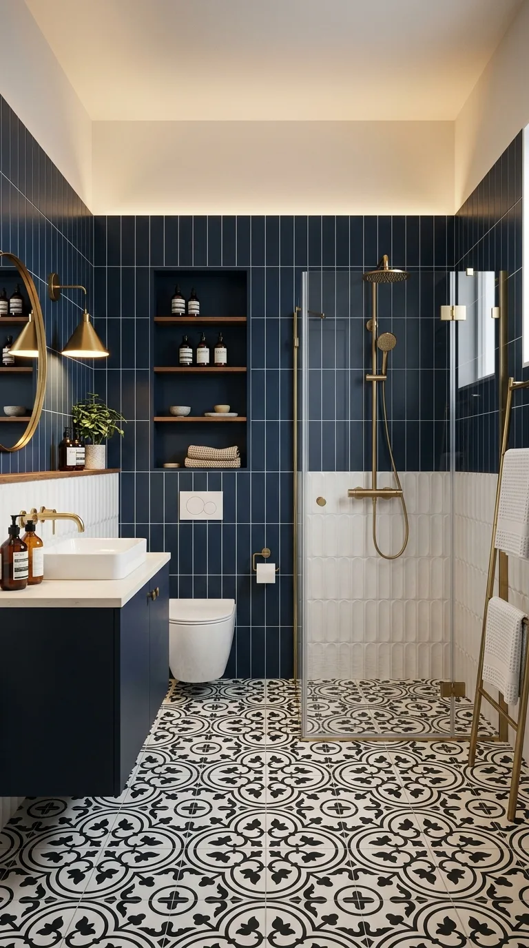 Bathroom Wall and Floor Ideas: Navy Blue Tile with Black and White Patterned Floor