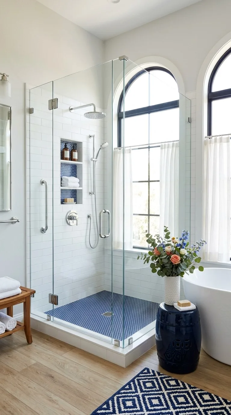 Corner Shower Ideas: Frameless Glass Design with Blue Mosaic Tile Floor