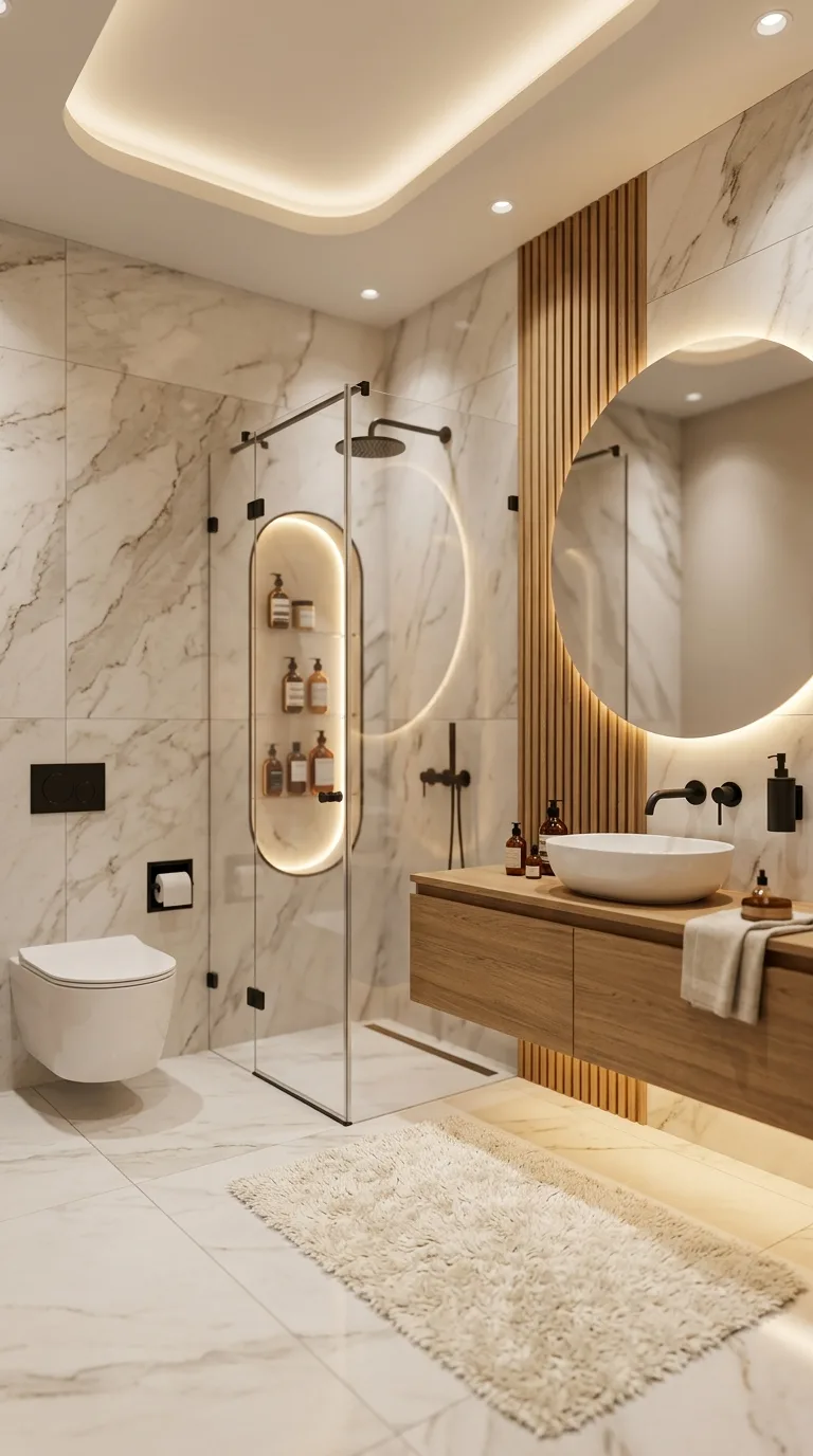 Modern Luxury Bathroom Ideas: Round Backlit Mirror & Curved Glass Shower