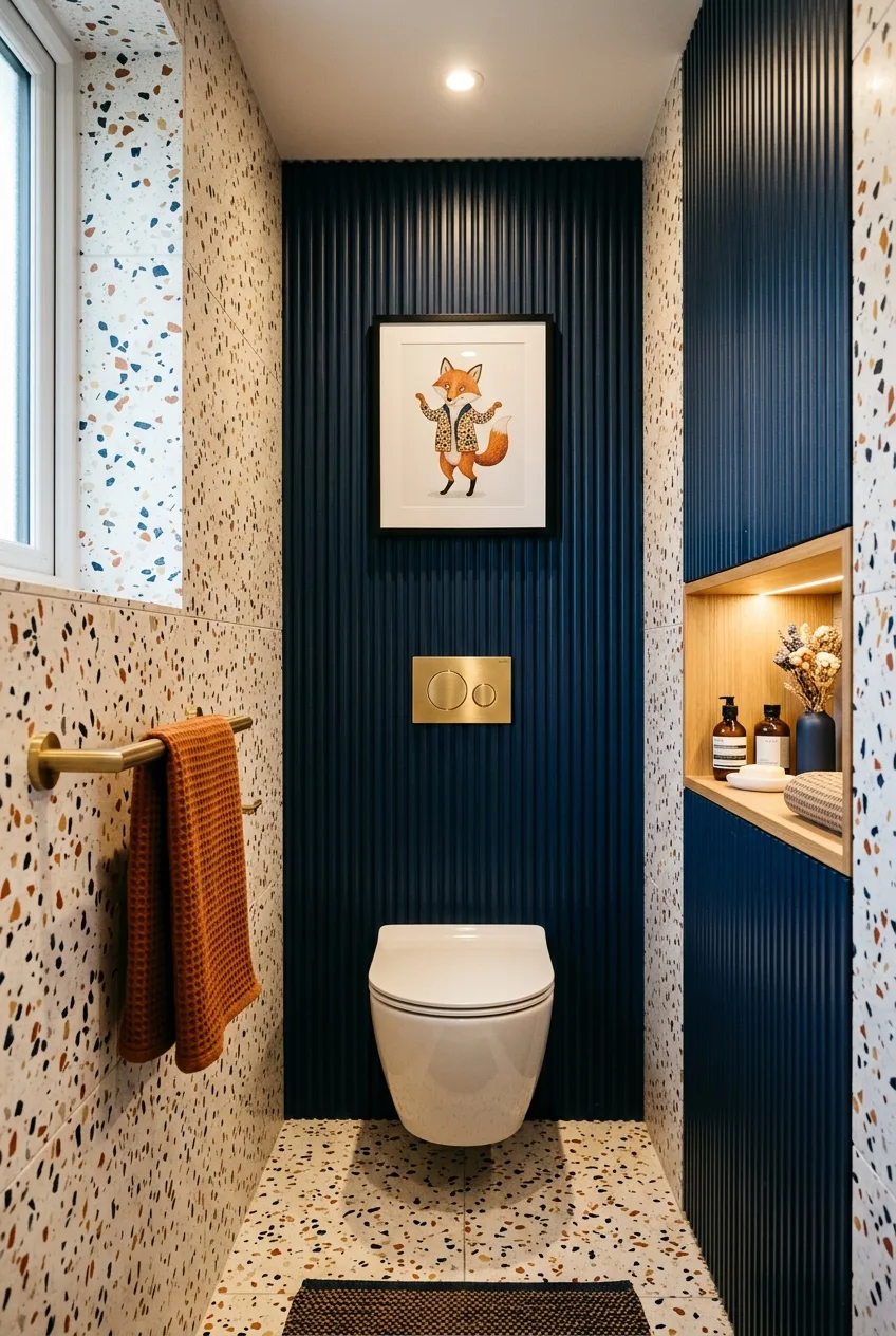 Powder Room Ideas: Terrazzo Tile with Navy Fluted Wall & Playful Wall Art