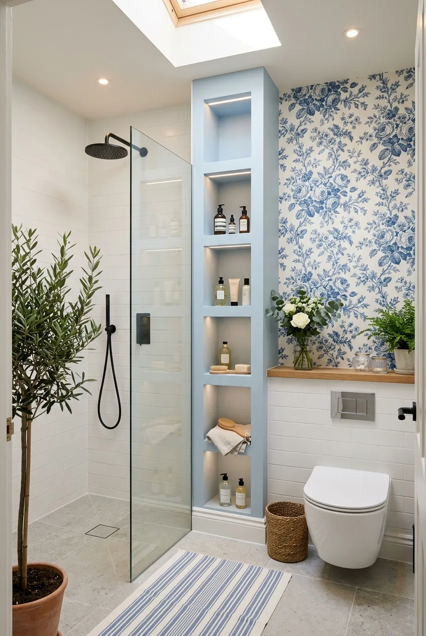Small Bathroom Ideas: Blue & White Floral Bathroom Decor With Smart Storage