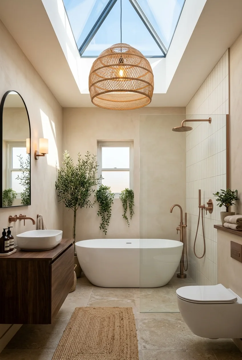 Skylight Bathroom Ideas: Freestanding Tub with Rattan Pendant & Copper Fixtures