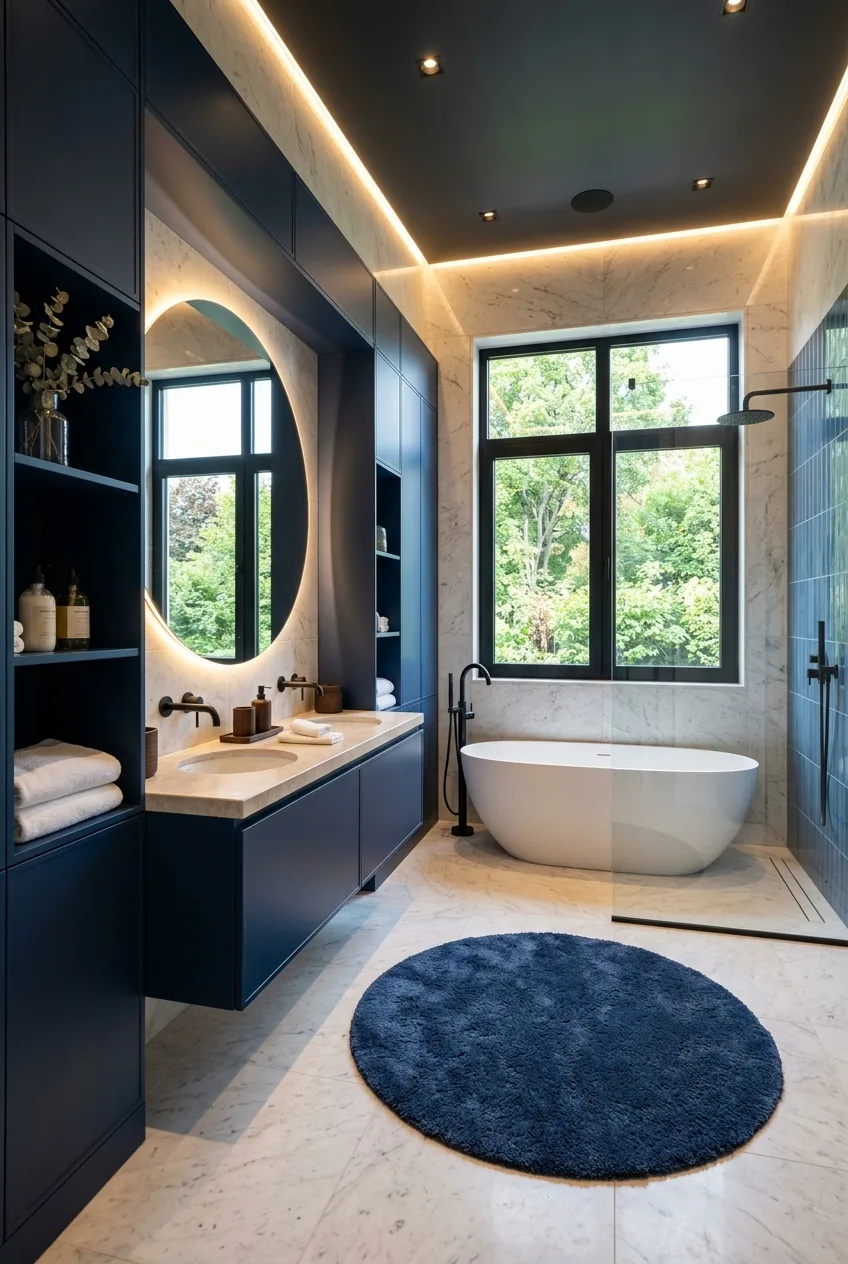 Navy Blue Bathroom Ideas: Freestanding Tub and Garden View Windows
