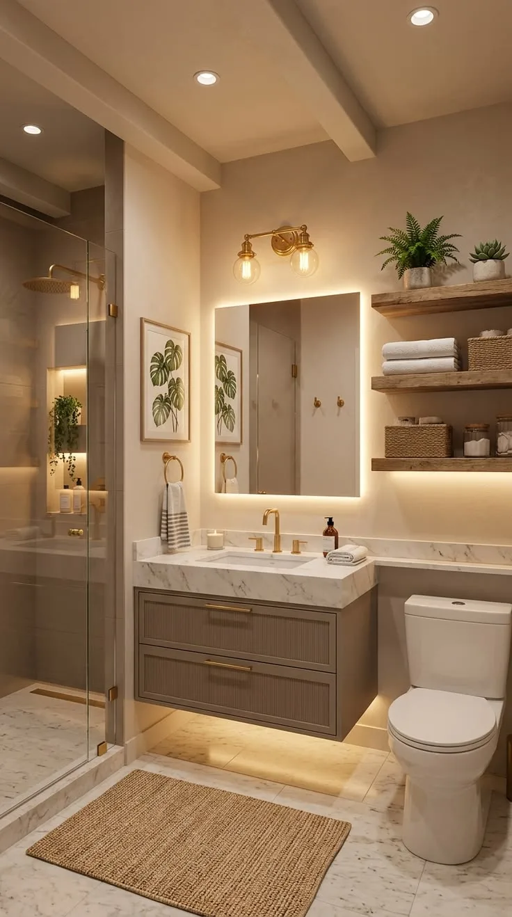 Small Bathroom Design Ideas with Gold Lighting and Open Shelving