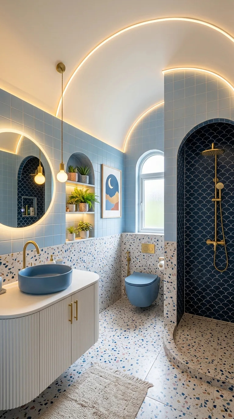 Whimsical Blue Bathroom Design with Fish Scale Tile Shower Ideas