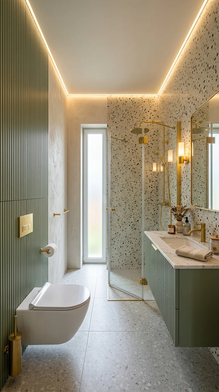 Sage Green Bathroom Ideas: Terrazzo Wall and Gold Sconce Decor