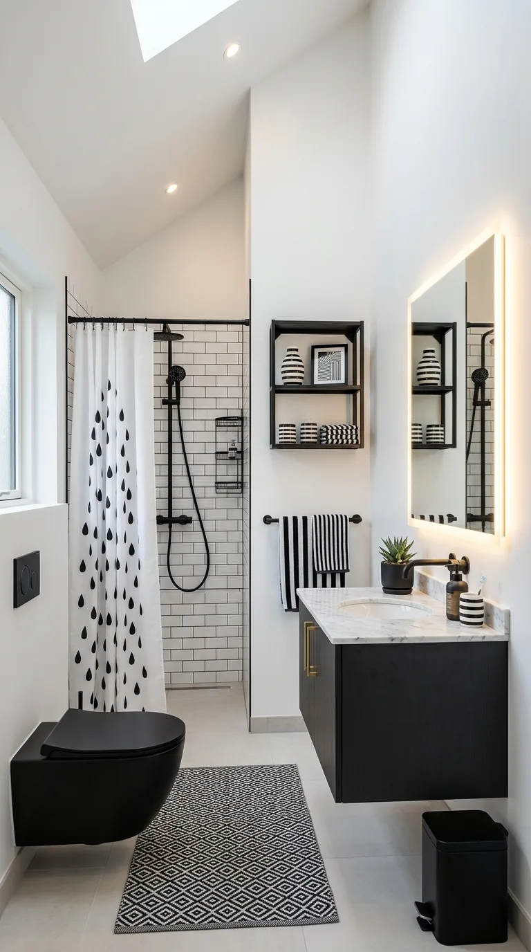 Modern Monochrome Bathroom Design with Patterned Shower Curtain Ideas