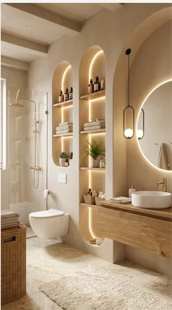 Arched Wall Niche Bathroom Ideas: Warm Wood and Round Mirror Decor