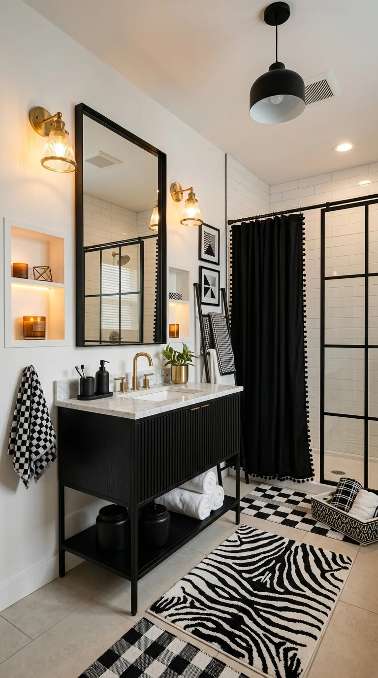 Black and White Bathroom Ideas: Zebra Rug and Black Vanity Decor